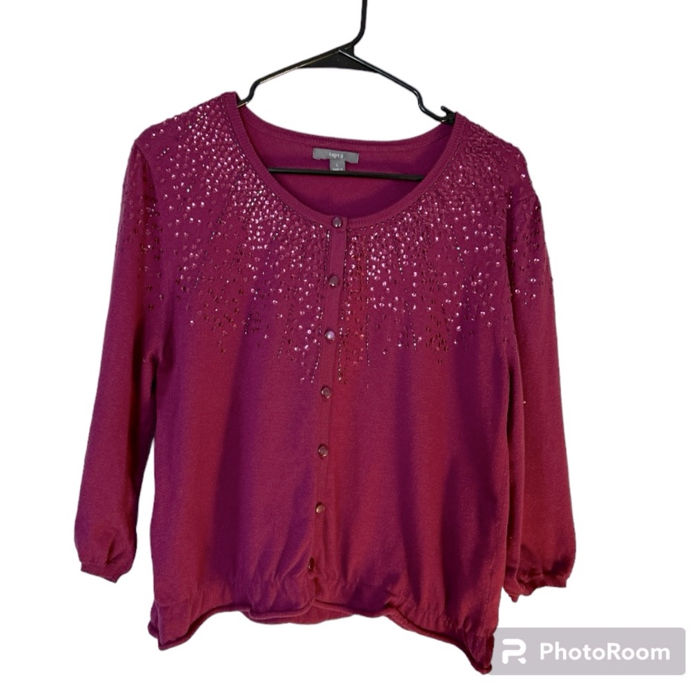 Apt 9 sz L hot pink magenta cardigan sequin embellished yoke 3/4 length sleeves